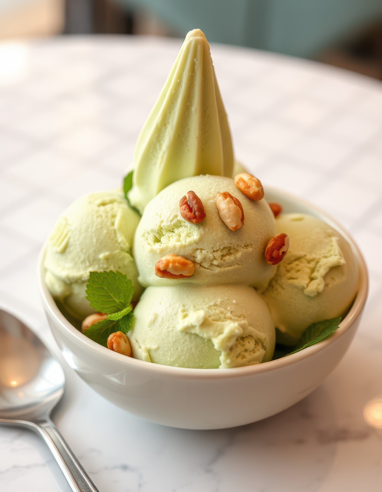 Creamy green ice cream served in a bowl with nuts and mint leaves on a marble table in a bright cafe setting